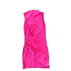 Hot Miami Styles Hot Pink Small Bodycon High-Neck Faux Satin Dress
